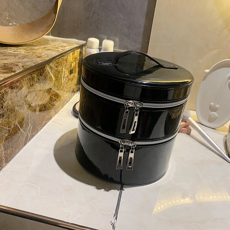 

Bucket Design Pu Leather Make Up Box Designer High Quality Portable Cosmetic Bag Multi Tiers Lockable Jewelry Box Women Makeup