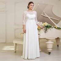 plus size chiffon bride wedding dress for party floor length 2022 summer with lace sleeve scoop bridal gown a line zipper back
