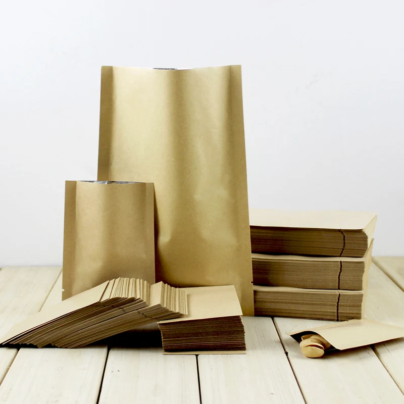 

100pcs/lot- Kraft Paper Flat Pockets Aluminium Inlay Vacuum Heat Seal Bag Snack Nuts Sugar Packaging Gift Bags