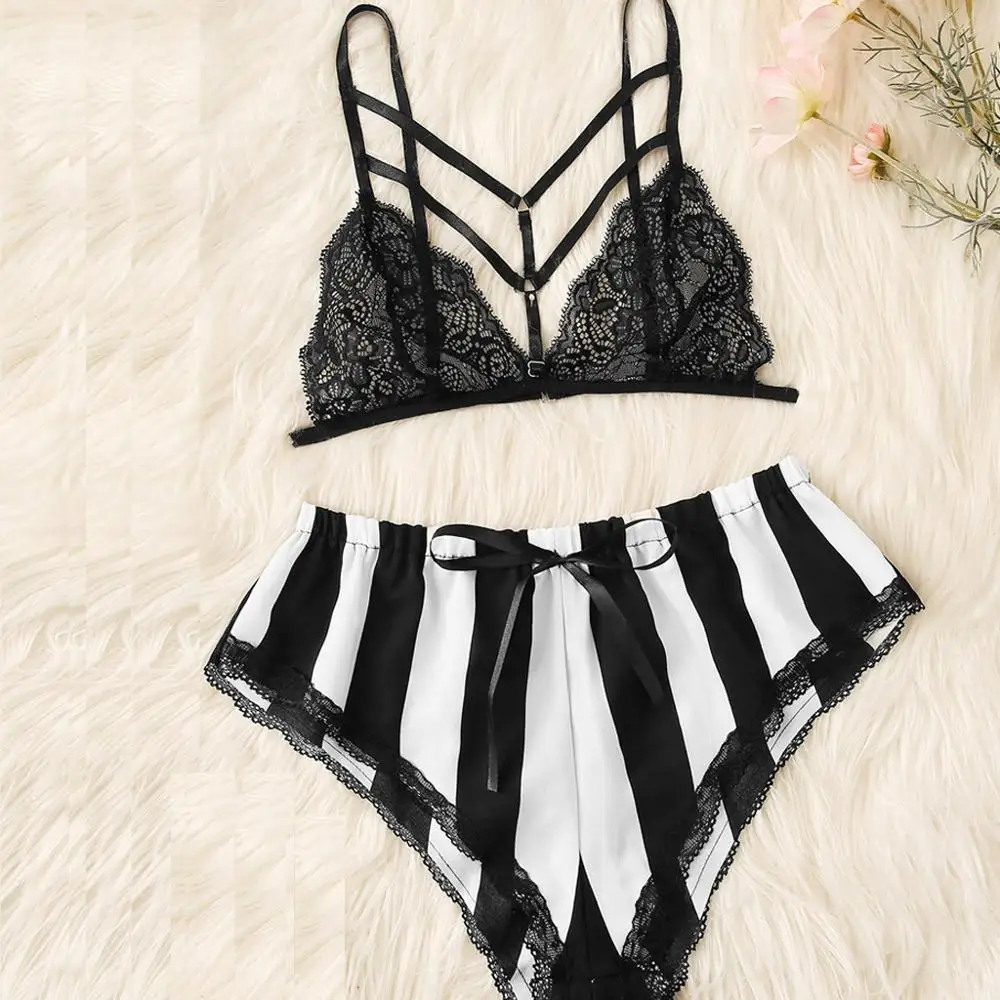 Женское ночное белье размера плюс женский сексуальный полосатый кружевной