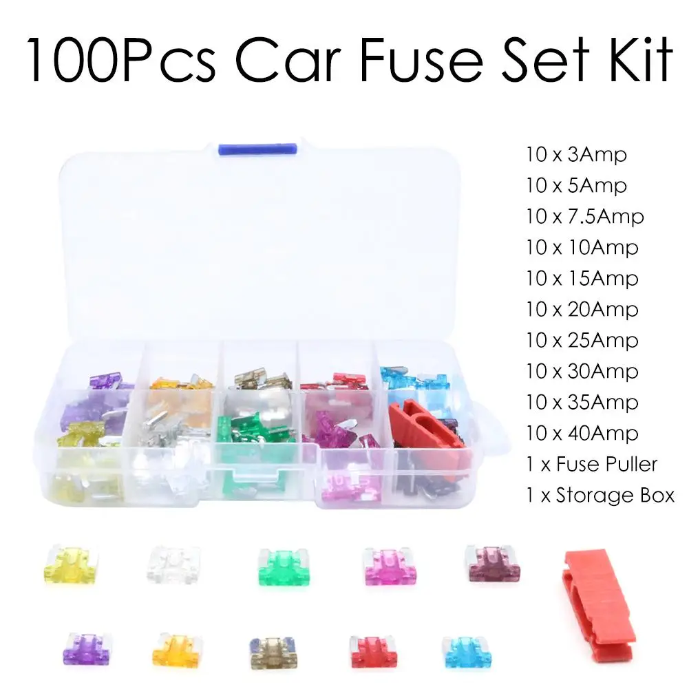 

100Pcs 3A/5A/7.5A/10A/15A/20A/25A/30A/35A/40Amp Auto Car Truck Mini Low Profile Fuse Micro Blade Fuse Set Kit With 1 Extractor