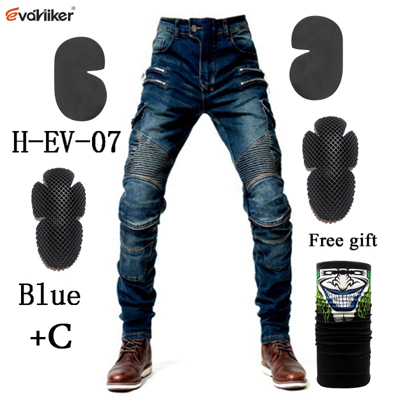 F-EV-07 Blue and C Новые мотоциклетные Брюки с карманами на молнии, мужские мотоциклетные джинсы, защитное снаряжение для езды на мотоцикле, брюки для мотокросса - Color: F-EV-07 Blue and C