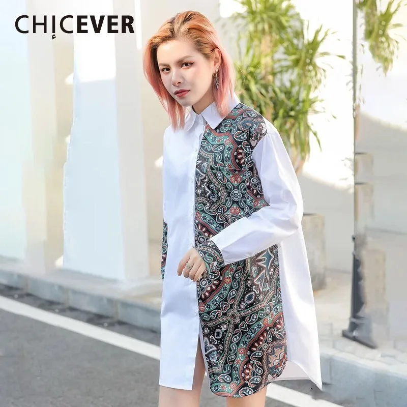 CHICEVER Весенняя женская рубашка с винтажным принтом отворотом длинным рукавом на