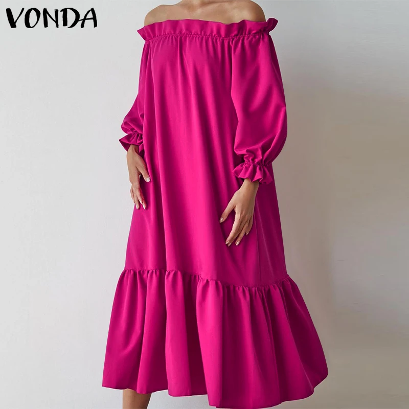 

Holiday Ruffled Dress VONDA 2022 Women Sexy Off Shoulder Long Sleeve Party Dress Beach Casual Vestidos Oversized Robe Femme