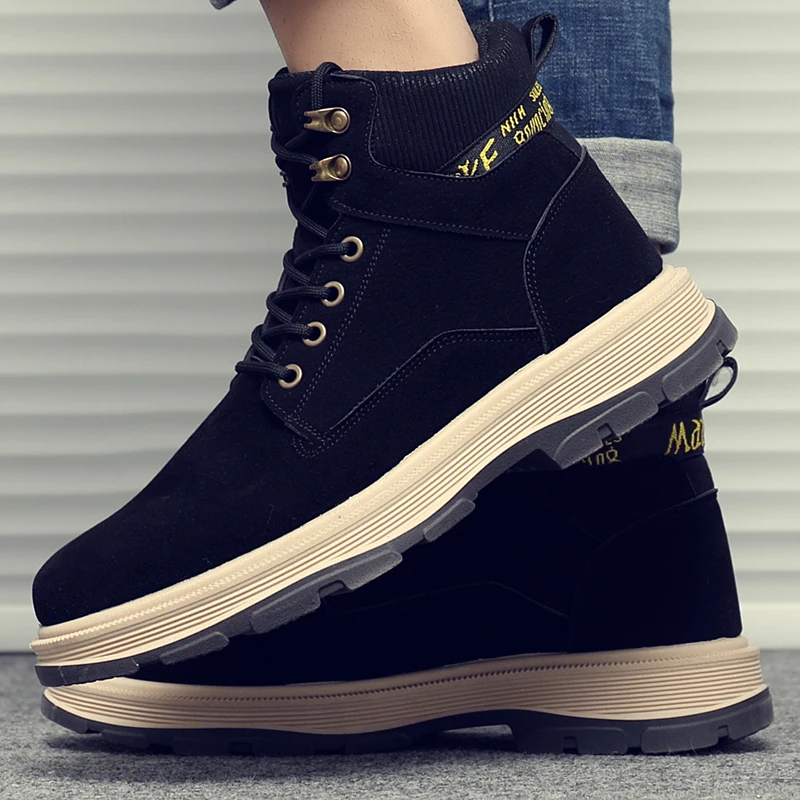 

Мужские ботинки на плоской подошве Martins, черные повседневные ботинки в британском стиле, теплые водонепроницаемые Нескользящие ботинки для...