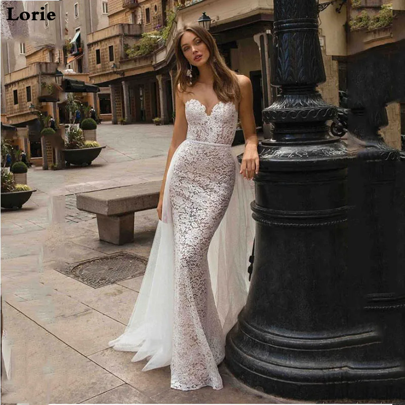 Платье свадебное кружевное с юбкой годе без рукавов со съемным шлейфом|Свадебные