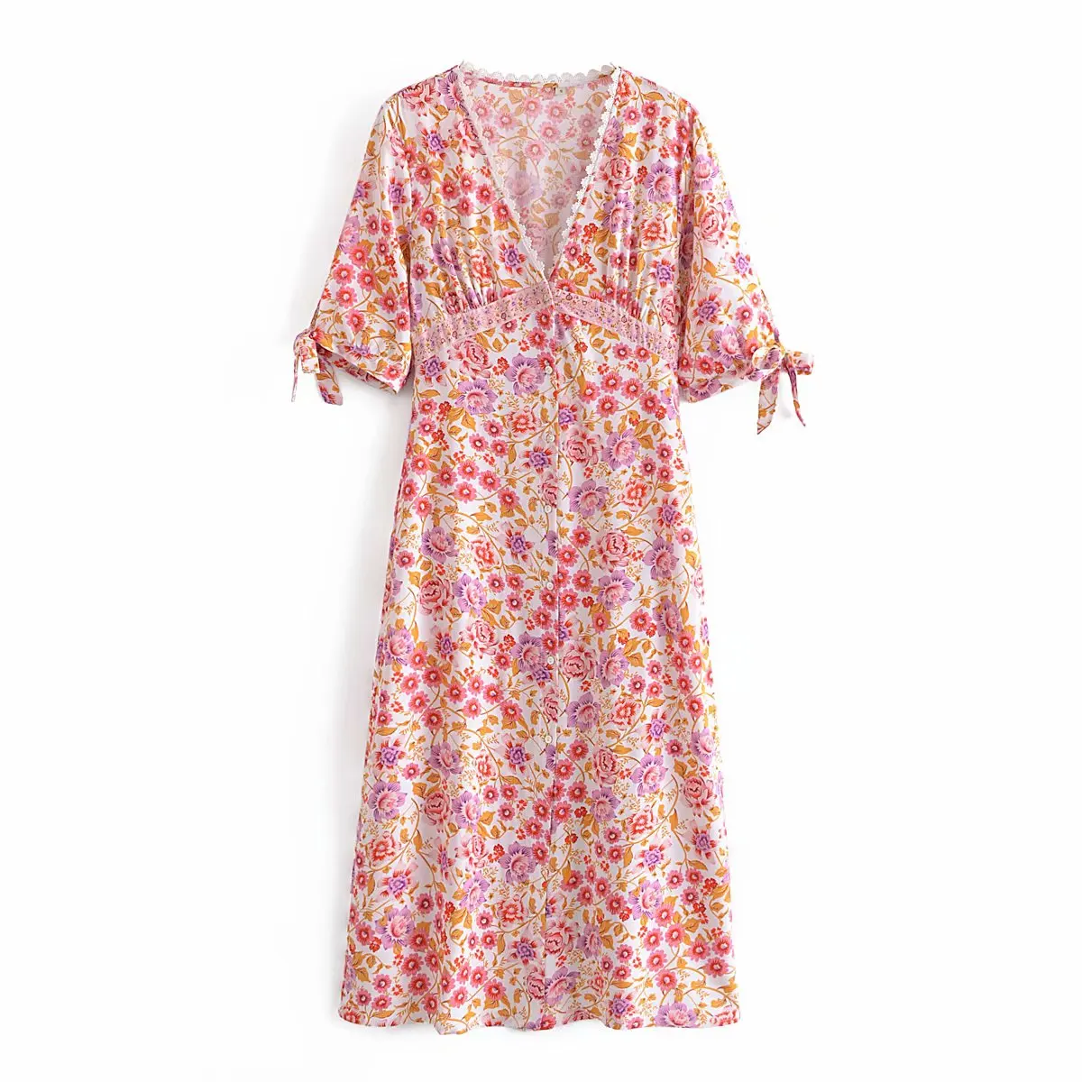 

Spring summer women midi dress bohemian floral print sexy v neck short sleeves loose maxi dress holiday beach robe femme