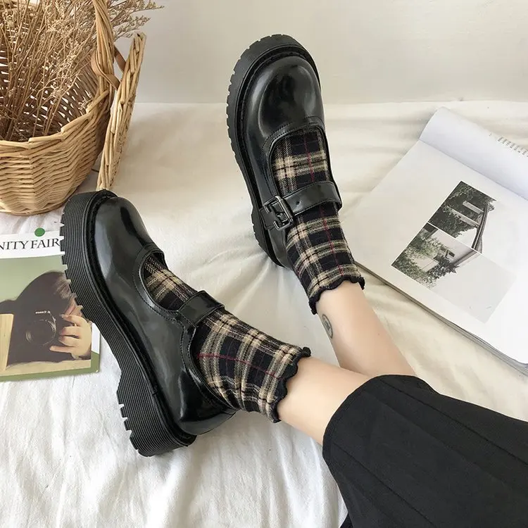 Обувь на платформе черного цвета На Закрытый носок Японские туфли женские