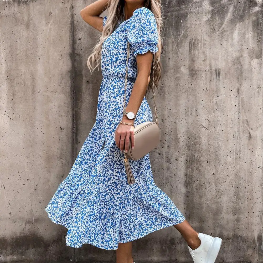 

Women Casual Autumn Lady Korean V-neck Vintage Floral Printed Chiffon Shirt Dress Button Puff Short Sleeve Summer Dress