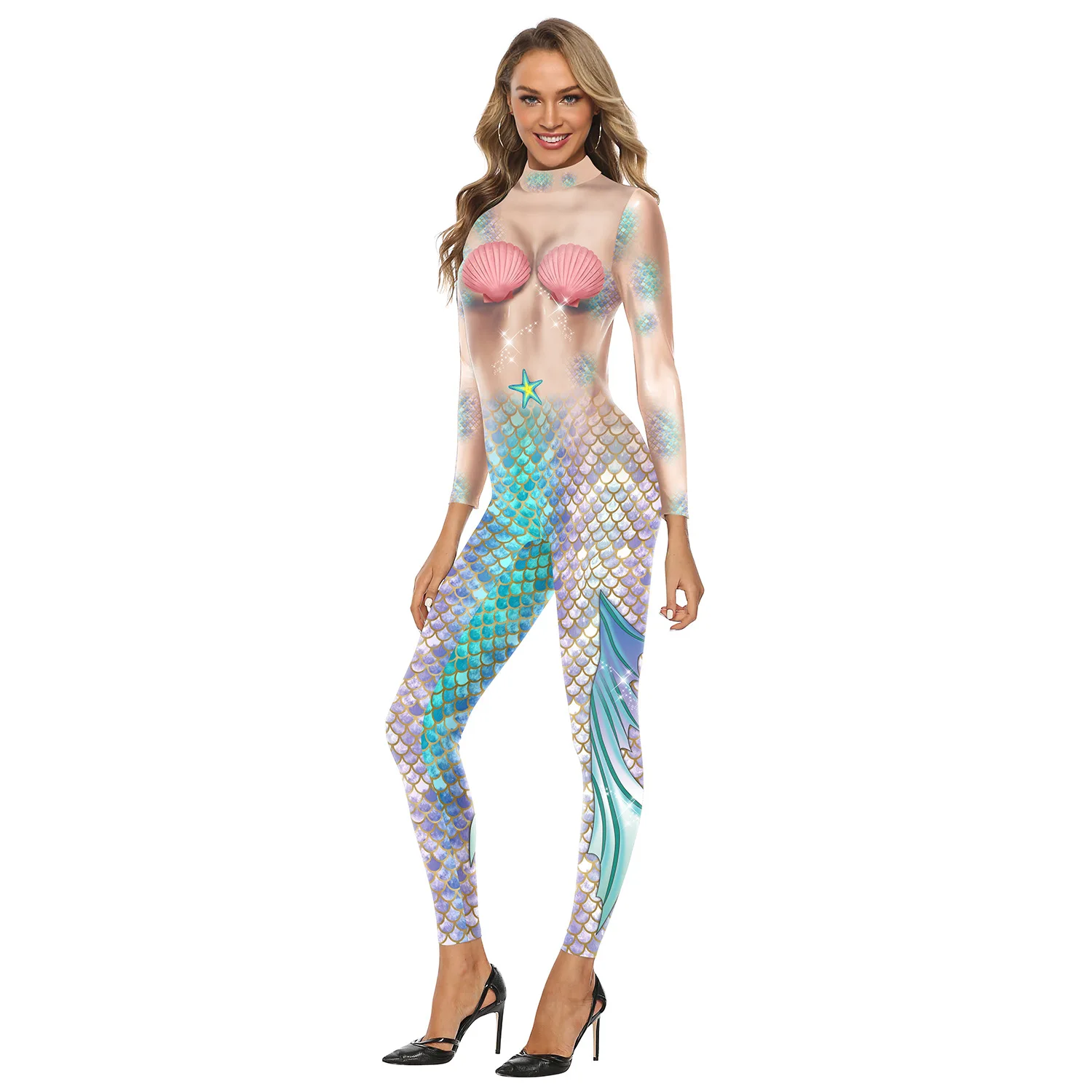 Fish Scales Mermaid 3D Printed Jumpsuit Adult Party Role Play Halloween Cosplay Costumes Women Men Tight Bodycon Slim Bodysuit