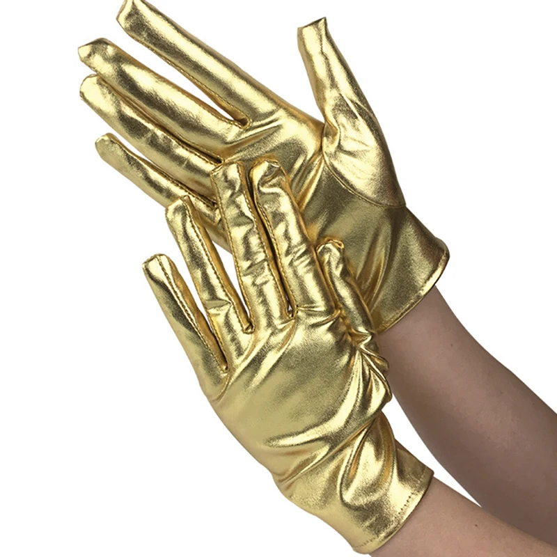 

1 Pair Silver Sexy Wrist Length Latex Gloves Women Wet Look Fake Leather Metallic Glove Evening Party Stage Performance Mittens