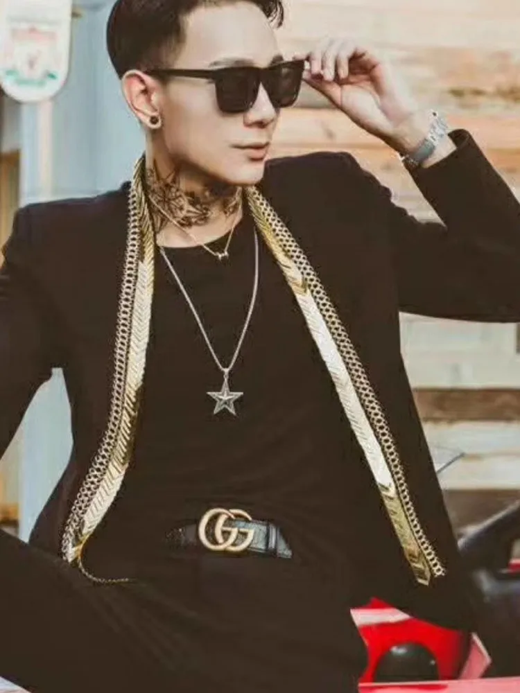 Модные золотые металлический лист объемный Клубные вечерние Блейзер Для мужчин