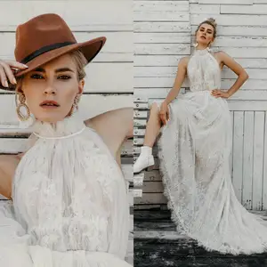 Chic High Collar Wedding Dresses 2022 Ruched Lace Sweep Train Buttons Back Bohemian Beach Wedding Gowns Customize vestido
