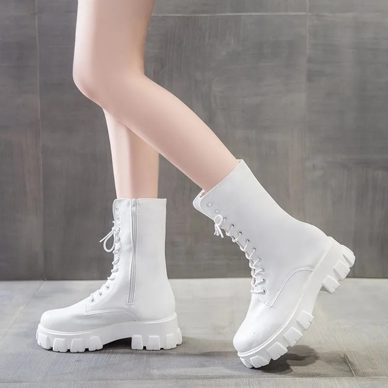 Женские белые ботинки осенние модные черные кожаные на платформе готические в