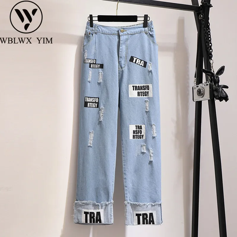 

Spring Autumn Women High waist Jeans Fashion Letter print Hole Denim Wide legs Pants Female High quality Loose Plus size Jeans