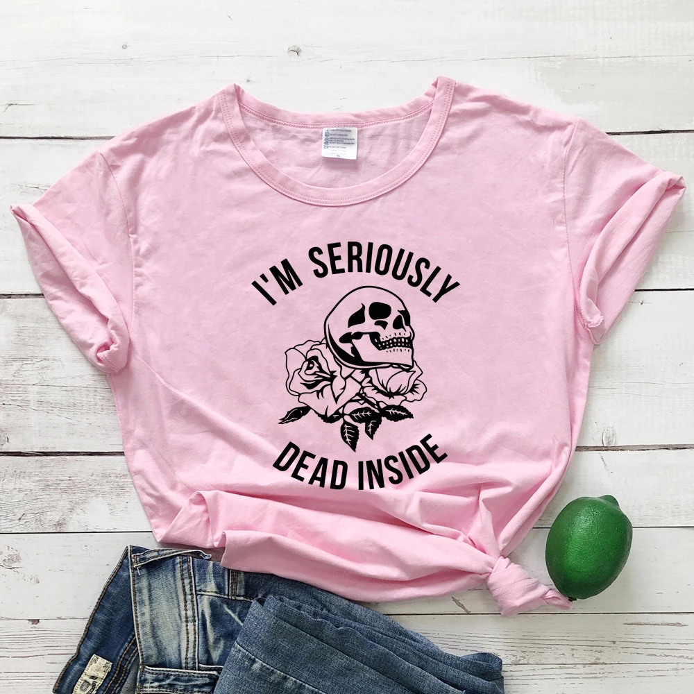 pink-black text Футболка с принтом «I'M Dead Inside Skull»; Летняя Повседневная футболка с короткими рукавами и принтом в виде черепа; стильная футболка в стиле Харадзюку С гранж; модные топы; Camisetas - Цвет: pink-black text