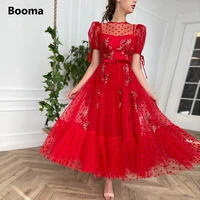 booma red polka dots tulle prom dresses 2022 short sleeves appliques midi formal party dresses tea length a line evening gowns