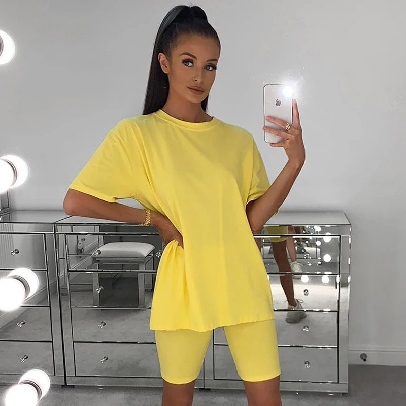 IAMHOTTY Casual Solid Basic Oversized Tshirt Shorts Tracksuit Women Tops With Belt Fitness Plus Size Two Piece Set Clothes Summe | Женская