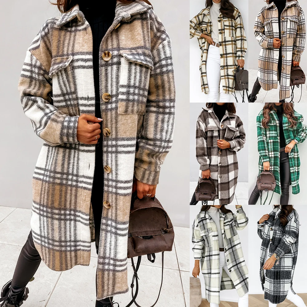 Женская винтажная теплая рубашка длинная осенне зимняя клетчатая Повседневная Свободная на пуговицах с