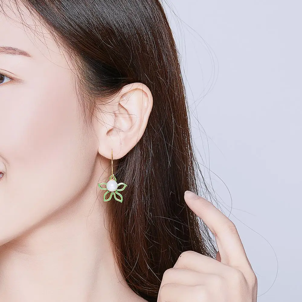 

Summer Flower with Pearl Drop Earrings for Women Enamel Korea Fashion Dangle Earrings 925 Stelring Silver Jewelry