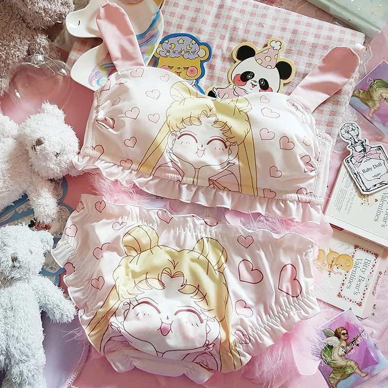 Розовый Аниме Сейлор Мун узор комплект нижнего белья Kawaii розовый кролик уха ТРУБА Топ бюстгальтер и трусики наборы японский сексуальный Лолита белье костюм - Цвет: Розовый