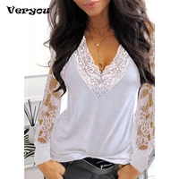 womens casual v neck lace splicing long sleeve t shirt spring autumn clothes sexy solid color black tee shirt office lady top