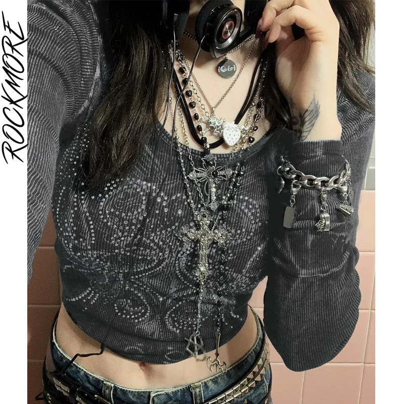

Rockmore Vintage Rhinestone Print Crop Tops Y2K Aesthetic Knitted T-shirt Harajuku Graphic Tee Gothic Grunge Fairycore Clothes
