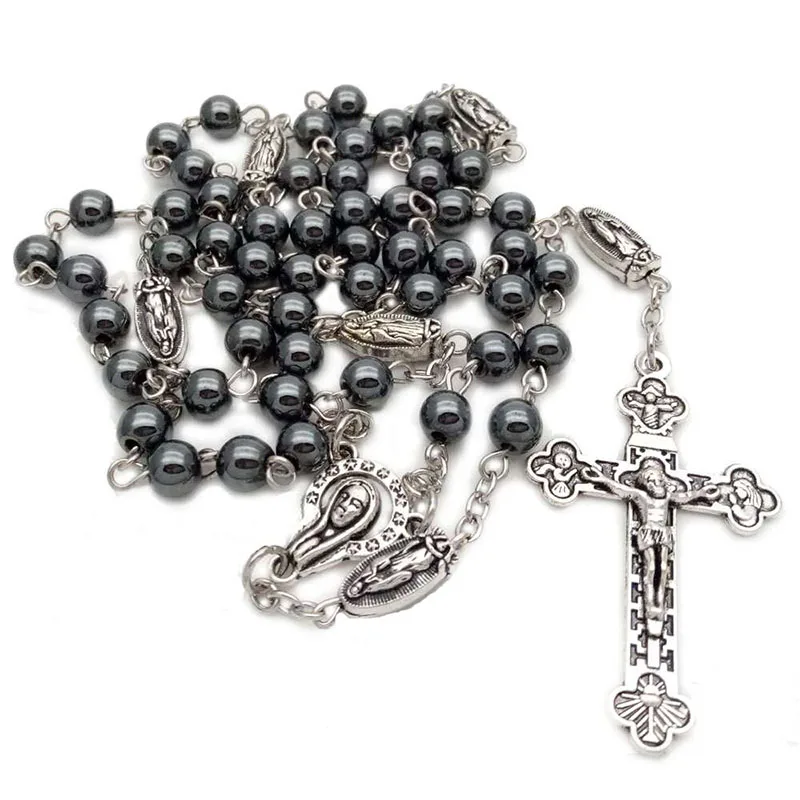 

Religious Black Gall Stone Non-Magnetic 6mm Round Rosary Curved Needle Necklace Mary Cross Catholic Men And Women As A Gift