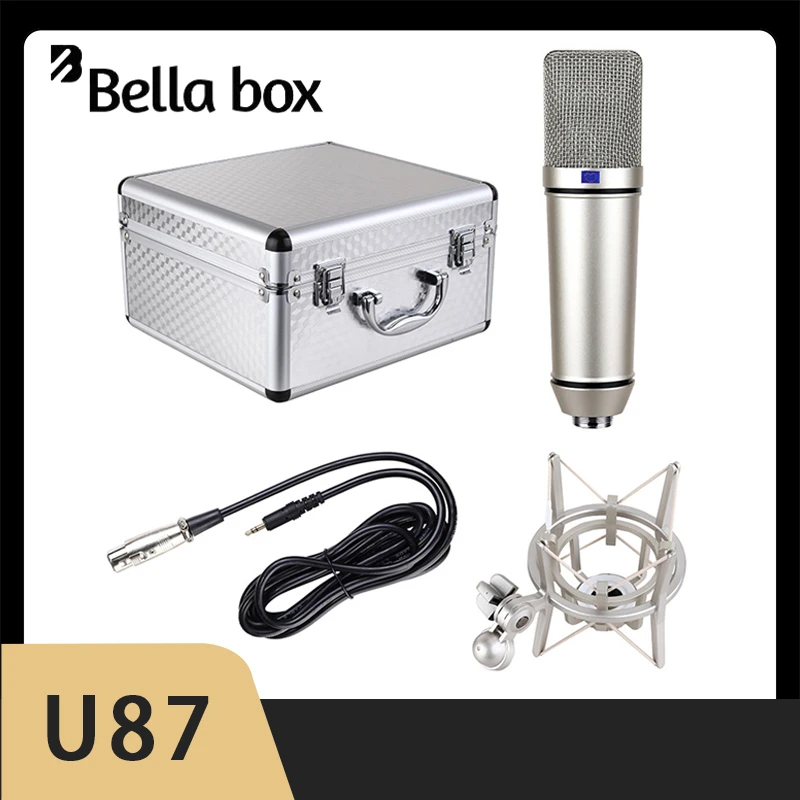 

Конденсаторный микрофон Bella U87 в алюминиевой коробке, профессиональная студийная запись, XLR Mic для прямой трансляции, Youtube, видеосъемки
