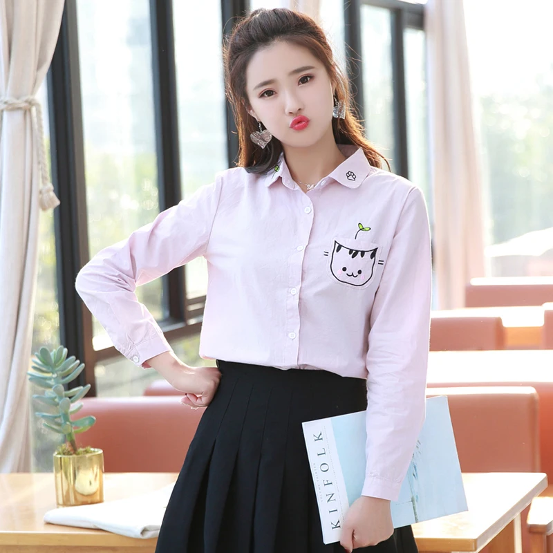Женские блузки с длинным рукавом 100% algodão dos desenhos animados gato branco topos menina blusas