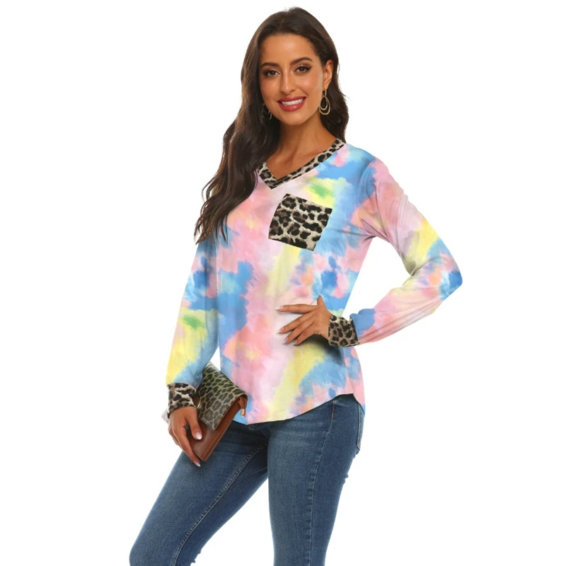 Hot kf-Women Casual Tie-Dye T Shirt Leopard Patchwork V Neck Long Sleeve Tops T-Shirts Female Camisetas | Женская одежда