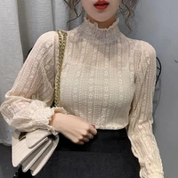 fashion women lace mesh blouses 2021 elegant see through sexy stand collar spring autumn bottoming long sleeve ladies tops