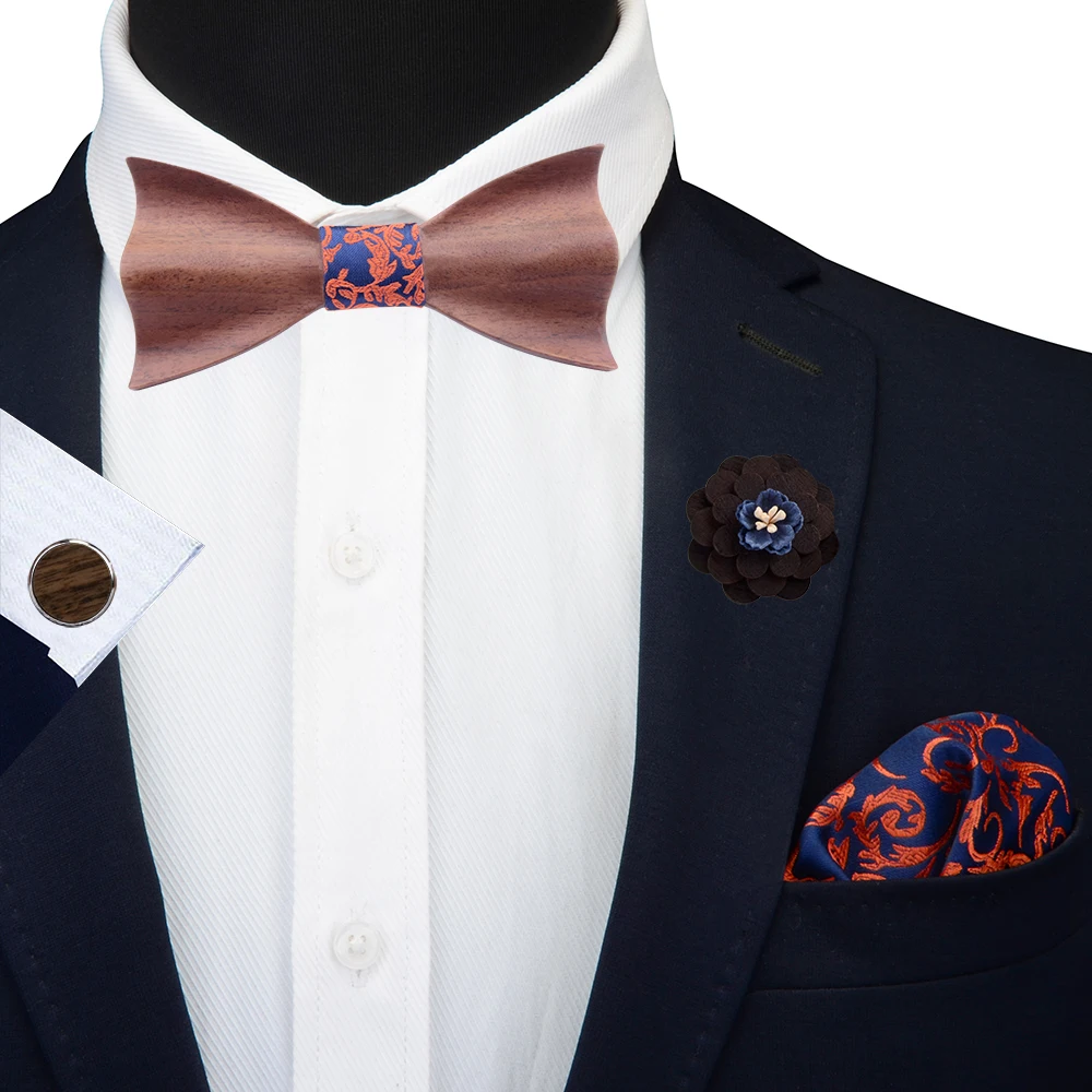 Цветочный 3D деревянный галстук бабочка набор карманная квадратная брошь для