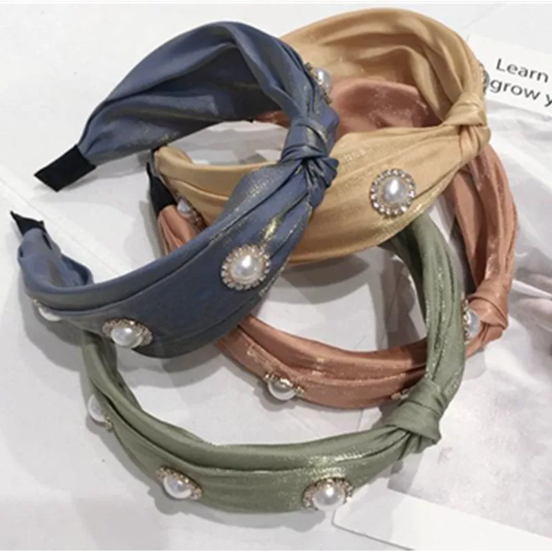 

Women Shiny Pearls Hairbands Knot Solid Fabric Wide Headbands Crystals Adults Elegant Headdress Round Pearls Hair Hoop Bow