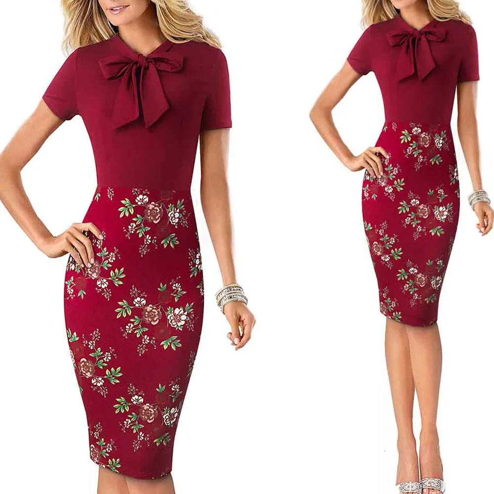 Dark red n floral Элегантное женское лоскутное облегающее платье-карандаш с бантом, для работы, офиса, бизнеса, повседневное сексуальное платье с v-образным вырезом и коротким рукавом EB535 - Цвет: Dark red n floral