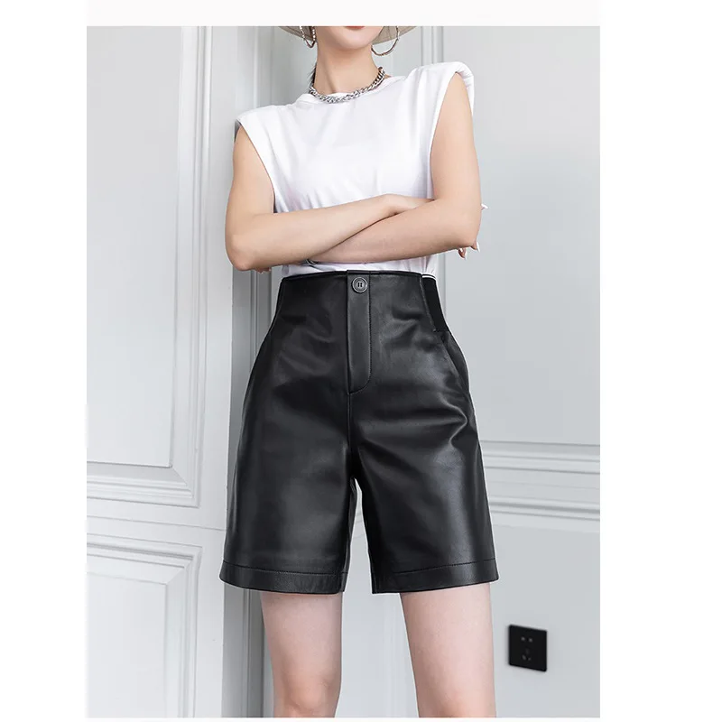 Fashion elastic leather pants women autumn winter new high waist sheepskin straight wide leg five-point pants shorts streetwear