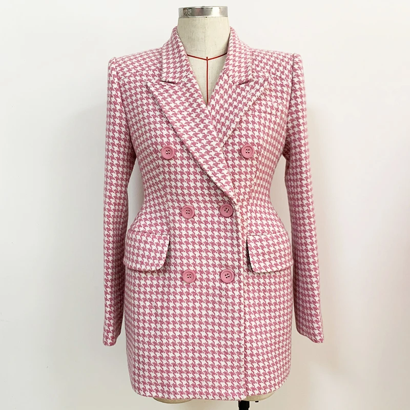 

Newest HIGH QUALITY 2021 Fall Winter Fashion Designer Overcoat Women's Slim Fitting Pink Houndstooth Tweed Wool Coat