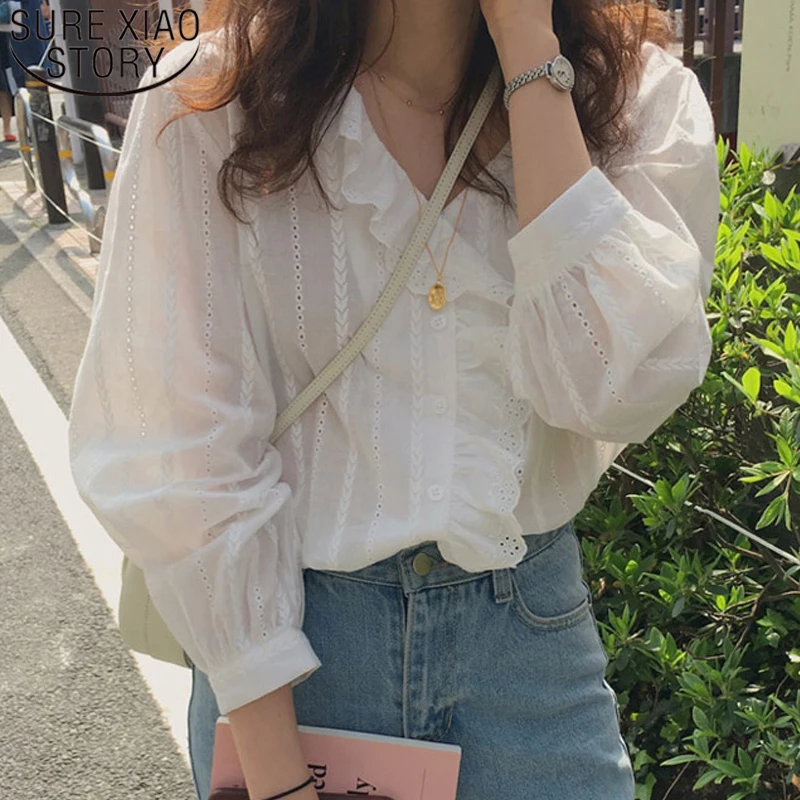 2021 Korean Style Solid Cotton Simple Womens Tops and Blouses Sweet Ruffled V-neck Long Sleeve Shirt Women White 8561 |