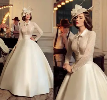 2020 Vestido De Festa 1930s Vintage High Neck Long Sleeve Ball Gown Ivory Vintage Wedding Dresses vestidos De Noiva Bridal Gown