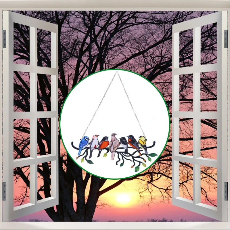 

Multicolor Birds on Wire Stained Glass Suncatcher Window Panel Ornaments Pendant Home Decoration 85LA