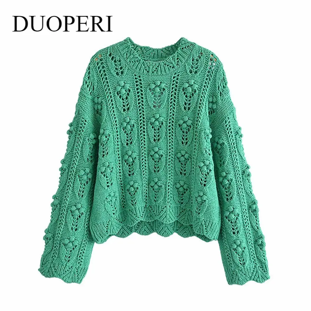 

Женский вязаный свитер DUOPERI, однотонный ажурный пуловер с длинным рукавом и круглым вырезом, винтажные топы, 2021