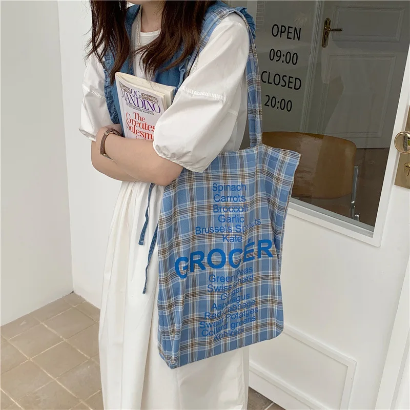 

Women Plaid Letters Canvas Bag Sweet Large Shopper Tote Bag Eco Reusable Shopping Bag Shoulder Bag Handbag For Students 2021 New