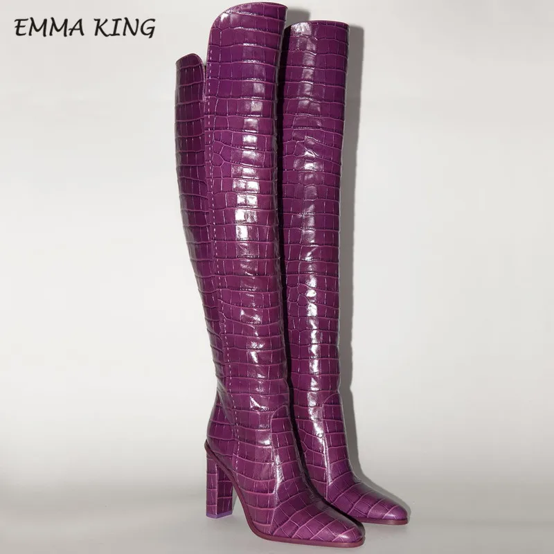 Microfiber 9 Emma king/женские зимние ботинки с узором «крокодиловая кожа» пикантные ботфорты с острым носком модная женская обувь на каблуке, большой размер 43 - Цвет: Microfiber 9