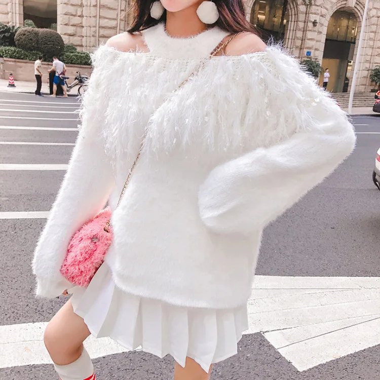 

Fringed Knitted Sweater Women Autumn and Winter 2021 New Sweet Lantern Sleeve Hanging Neck Mao Mao Loose Pullover