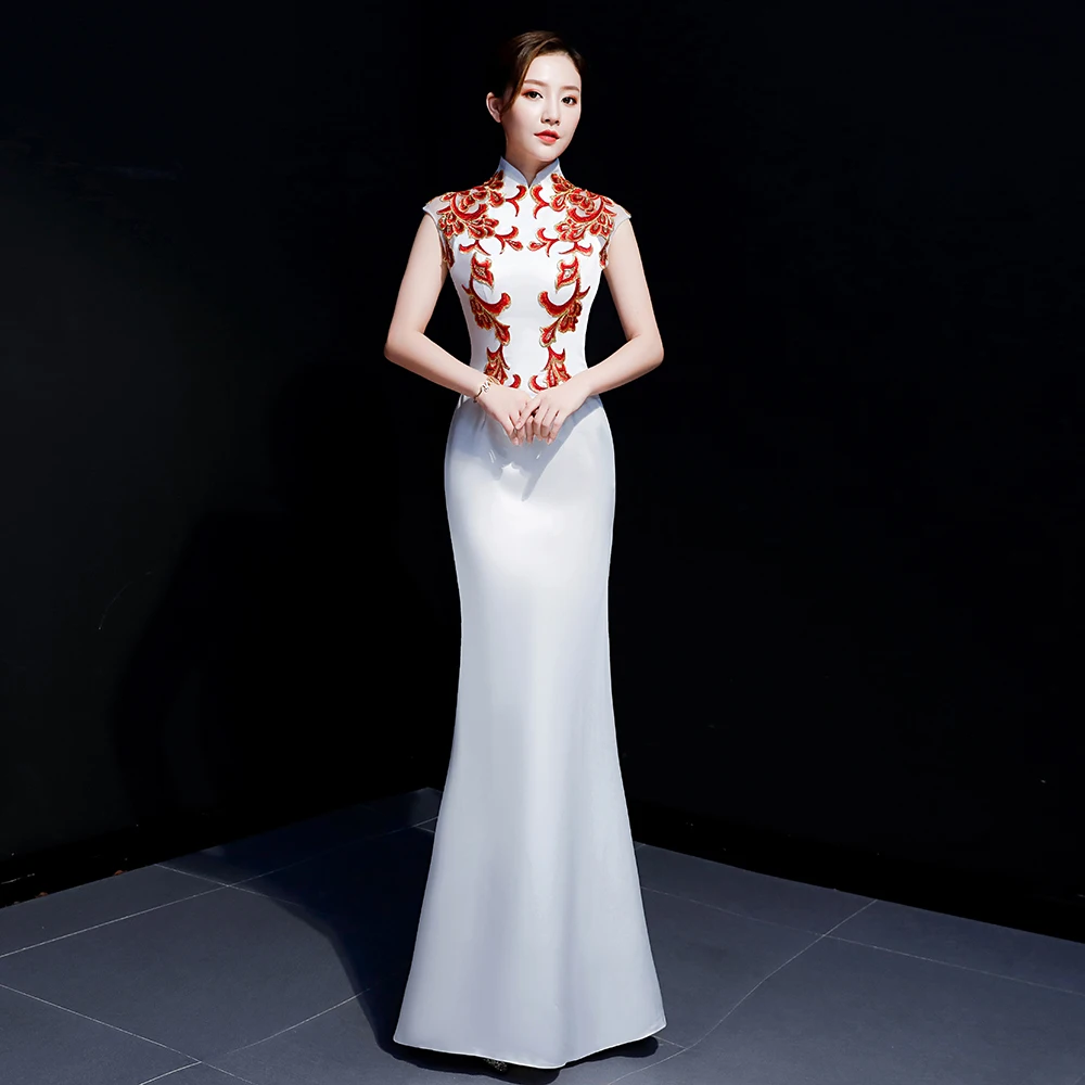 

Китайское традиционное платье-Ципао с воротником-стойкой, блестками и цветочной вышивкой, винтажное длинное вечернее платье для выпусквеч...