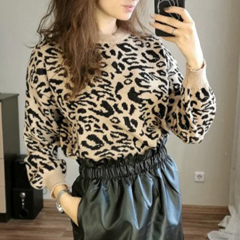 Леопардовый вязаный женский свитер пуловер зимний толстый с длинным рукавом 2020