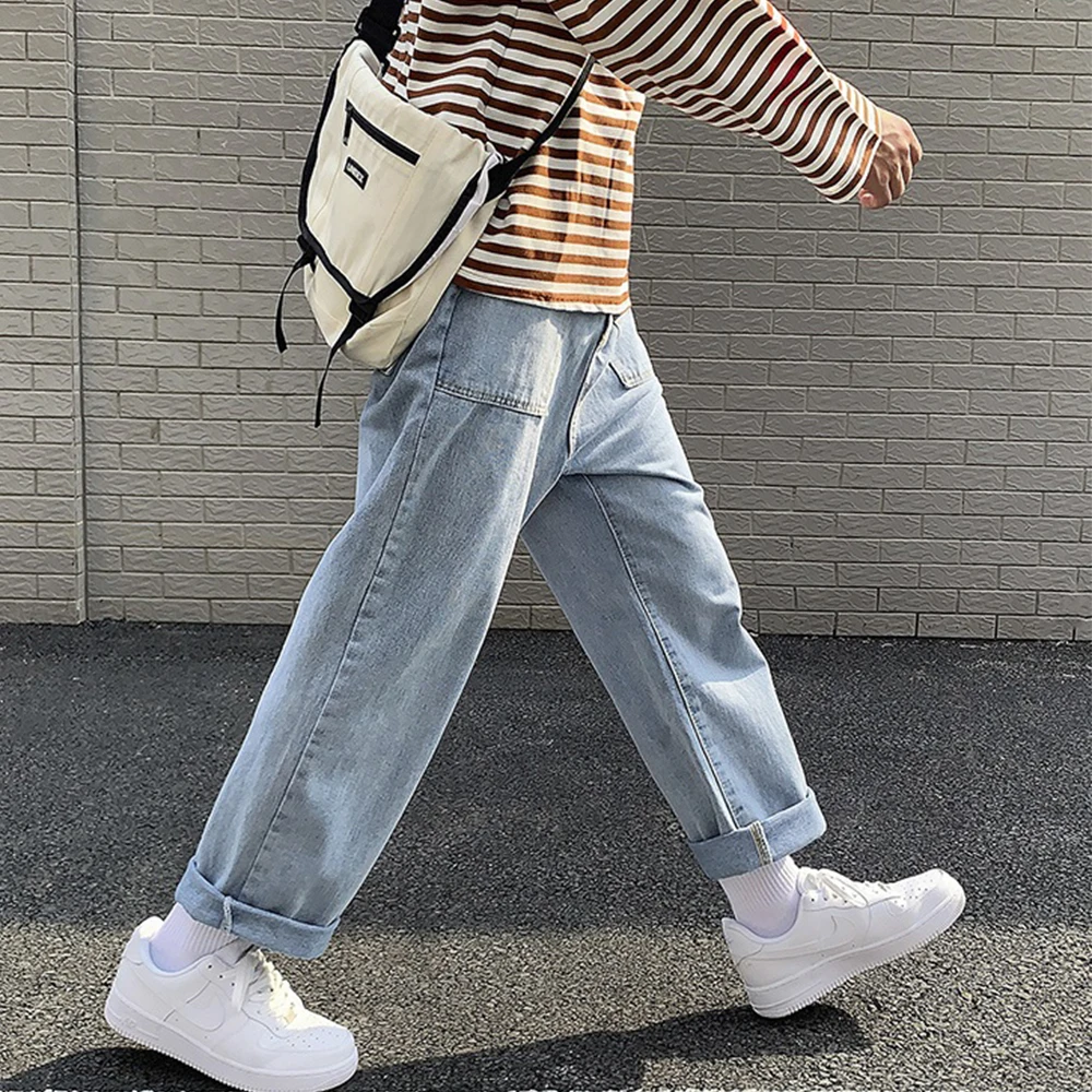 

Джинсы-шаровары мужские прямые однотонные, свободные брюки из денима в Корейском стиле, уличная одежда, повседневные штаны