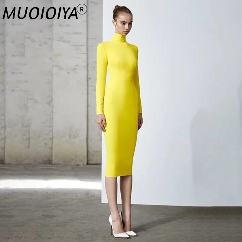 

Women Turtleneck Long Sleeve Dress Evening Party Dresses Autumn Slim Bodycon Elastic Luxury Brand Designer Elegant Fashion Dress