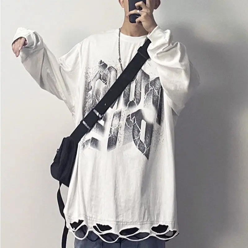 

Harajuku T-shirt men hollow long-sleeved oversized t-shirts autumn new fashion high street hip-hop style printed T-shirt trend