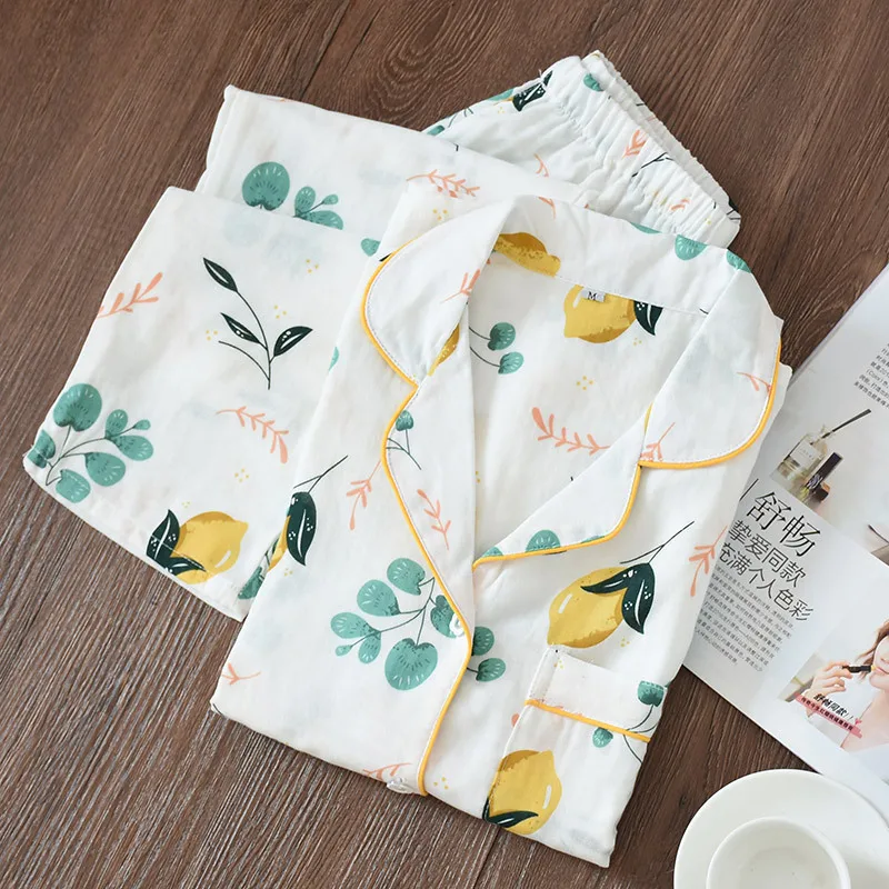2PCS Print Mango Women Pajamas Sets Sexy Turn-Down Collar Cotton Pyjamas Suit Sleepwear Lady Nightwear Spring Lingerie Homewear